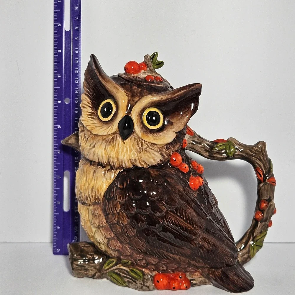 Cracker Barrel Stoneware Harvest Owl Teapot Brown Fall Autumn Decor